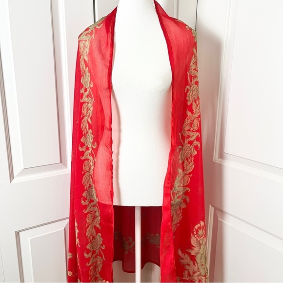Red & Gold Floral Sari-Inspired Shawl – Boho Luxe Wrap Bollywood Festival Scarf - Picture 3 of 5